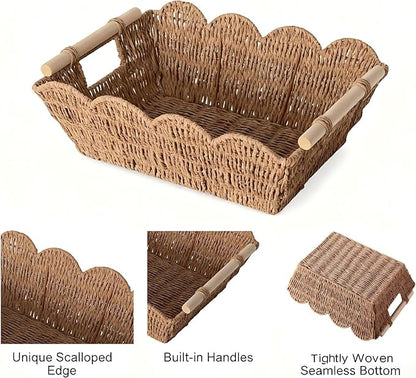 Scalloped Basket with Wooden Handle, Water Hyacinth/Seagrass/Wicker Storage Baskets, Hand Woven Baskets for Shelves,Natural Baskets for Organizing (2)