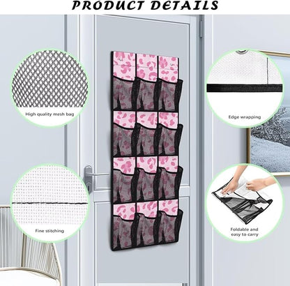 Leopard Print Over The Door Shoe Organizers with 12 Pockets,Quick Dry Mesh Organizer Hanging for Pantry Bathroom Closet,Mesh Pocket Over the Door Shoe Organizer for RV,Pantry,Camping