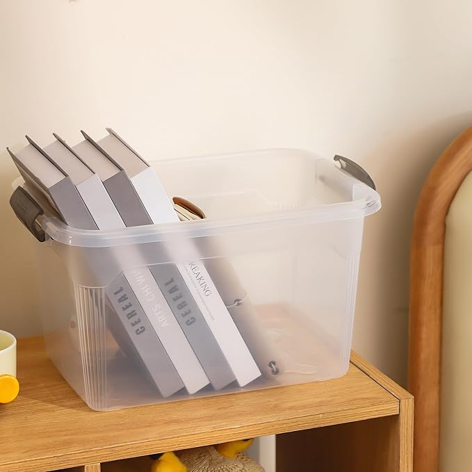 Citylife 4 Packs 13.7 QT Storage Bins with Lids Clear Plastic Bins with Grey Handle Stackable Storage Containers for Organizing