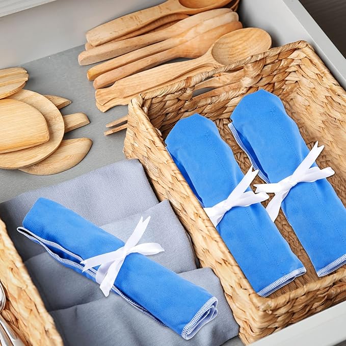 Weewooday Silver Storage Bags Anti Tarnish Silver Protector Bags Blue Holder for Silverware Flatware Storage Organizer Cloth Place Setting Roll with White Ribbon for Teaspoon Utensils(8 Pieces)