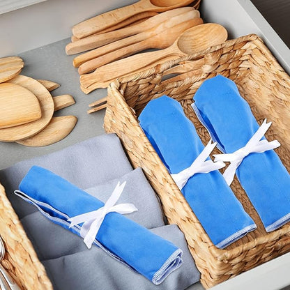 Weewooday Silver Storage Bags Anti Tarnish Silver Protector Bags Blue Holder for Silverware Flatware Storage Organizer Cloth Place Setting Roll with White Ribbon for Teaspoon Utensils(8 Pieces)
