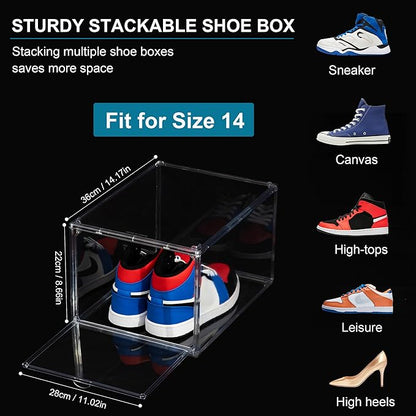 12 Pack Shoe Boxes, Clear Acrylic Stackable Plastic Sneaker Box Container, Magnetic Drop & Side Open Shoe Organizer Case Container With Lids Fits Up to Size 14 (Clear)