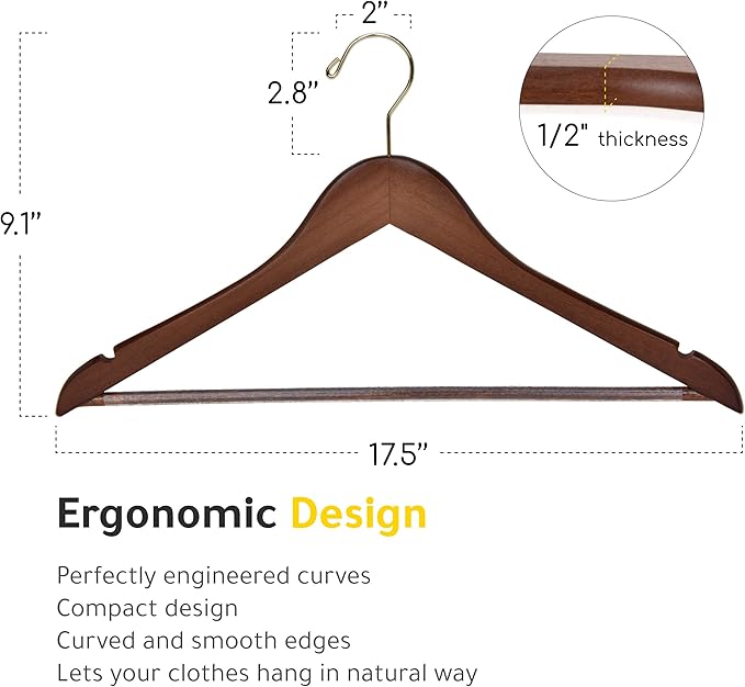 Quality Wooden Hangers - Slightly Curved Hanger 20-Pack Sets - Solid Wood Coat Hangers with Stylish Chrome Hooks - Heavy-Duty Clothes, Jacket, Shirt, Pants, Suit Hangers Walnut - Gold Hook