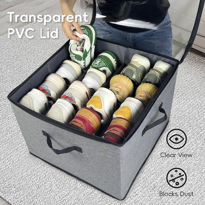 2 Pack Shoe Organizer, Shoe Storage Box with Clear Cover, Adjustable Dividers Fits 16-32 Pairs Shoe Boxes, Organizador de Zapatos, Grey