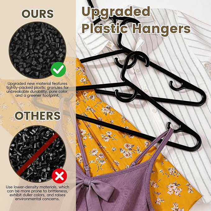 Black Plastic Hangers 18 Pack, Heavy Duty Clothes Hangers with Center Hook & Non-Slip Pants Bar for Standard Size Shirts, Pants, Coat, Dresses, Jackets, Scarves and Belts