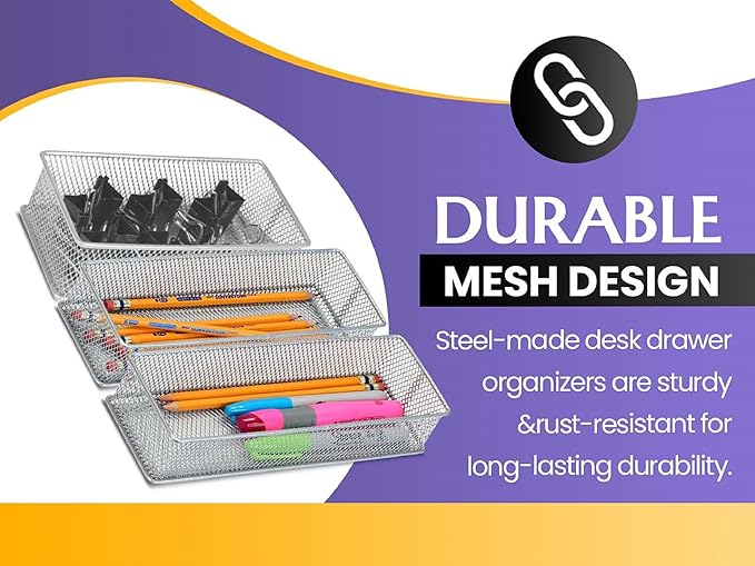 YBM HOME White Mesh Drawer Cabinet and or Shelf Organizer Bins, School Supply Holder Office Desktop Organizer Basket (2, 6x12x2 Inch)