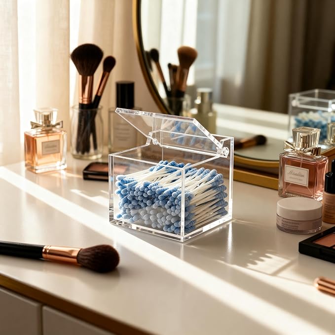 Clear Acrylic Qtip Holder With Lid Cotton Balls Swab Organizer,Square Q Tip Storage, Floss Picks, Bath Salts, Cotton Wab Holder,Home Bathroom Decor (DP011)