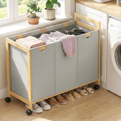 Homykic 250L Laundry Sorter Cart with Wheels, 3-Section Rolling Laundry Basket with Removable Bags, 66 Gal Large Laundry Hamper Organizer, Heavy Duty Bamboo Frame, Water-Resistant, Grey