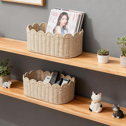 Set of 2 Scalloped Basket, Wicker Storage Baskets, Hand Woven Baskets for Shelves,Natural Baskets for Organizing (Ellipse-16"L x 10"W x 7"H)
