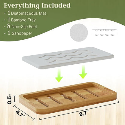 Water Absorbing Stone Tray for Sink, Kitchen Sink Caddy Organizer, Diatomite Bathroom Vanity Counter Tray, Soap Dispenser Sponge Holder, Fast Drying Stone Faucet Mat with Bamboo Tray