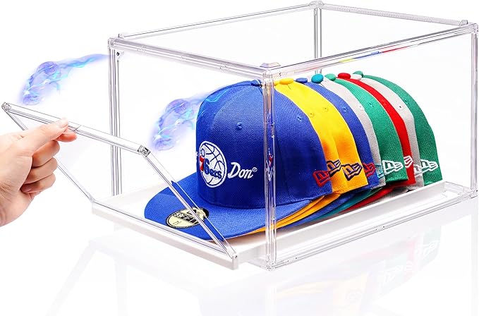 Hat Storage Box for Baseball Cap, Large Clear Hats Organizer Container with Sliding Tray Drawer, Stackable Caps Display Case with Magnetic Door for Closet Holds 8-10 Hats 1Pack