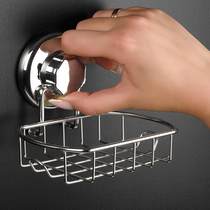HASKO 2-Pack Suction Cup Soap Holder – Bar Soap Dish for Shower with Hooks for Bathroom – Optional Mounting with Adhesive Tape or Glue – Includes 2 Soap Savers – Polished Stainless Steel SS304