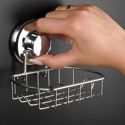 HASKO Suction Soap Dish with Hooks | Powerful Vacuum Suction Cup Soap Holder | Soap Basket Holder for Bathroom & Kitchen (Polished Stainless Steel SS304)