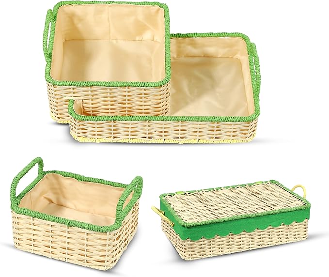 Scalloped Hyacinth Wicker Basket for Toy Storage | 3 Pack Woven Storage Baskets | Decorative Storage Baskets for Shelves | Rattan Baskets for Bedroom By NovaHeavensNest (Beige & Green Liner)