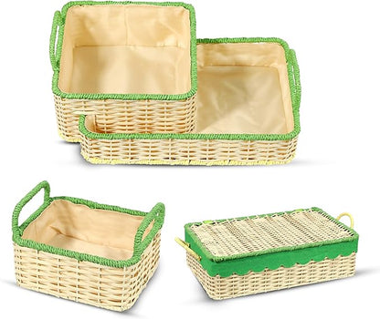 Scalloped Hyacinth Wicker Basket for Toy Storage | 3 Pack Woven Storage Baskets | Decorative Storage Baskets for Shelves | Rattan Baskets for Bedroom By NovaHeavensNest (Beige & Green Liner)