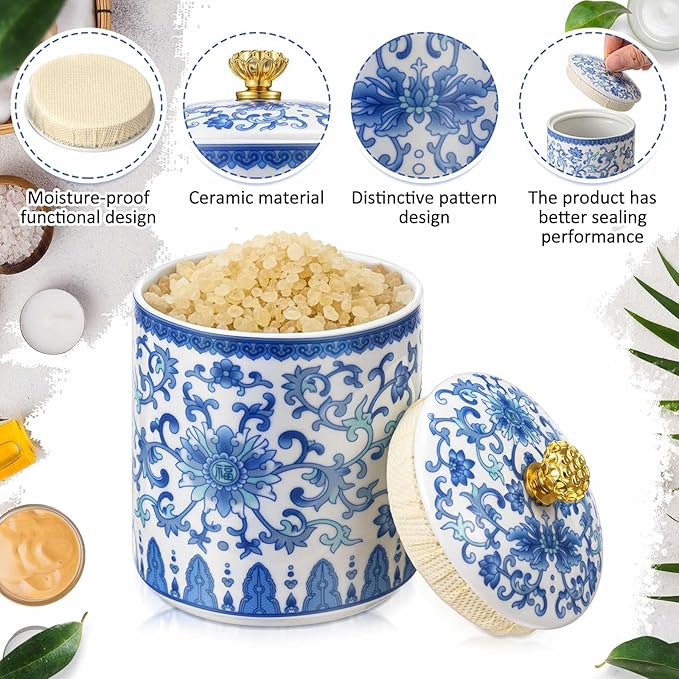 1 Pc Vintage Chinese Ceramic Porcelain Salt Cellar with Lid Ceramic Salt Holder Container for Coffee, Sugar, Spices and Candies, Airtight Spice Jar, Kitchen Storage Dish (Lotus in Vine)