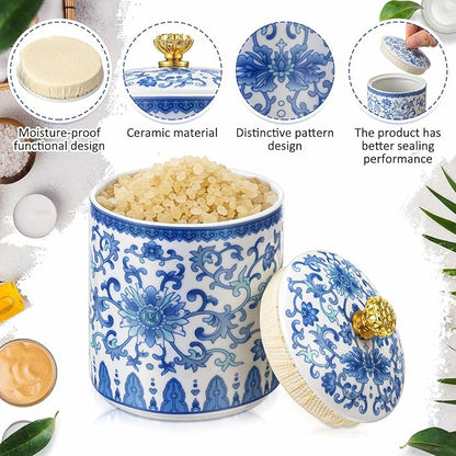 1 Pc Vintage Chinese Ceramic Porcelain Salt Cellar with Lid Ceramic Salt Holder Container for Coffee, Sugar, Spices and Candies, Airtight Spice Jar, Kitchen Storage Dish (Lotus in Vine)