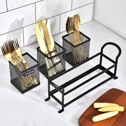 Kitchen Utensil Holder, Silverware Organizer Holder, Compact Metal Organizer for Flatware, Spoons, Forks, and Knives - 3 Separate Compartments Perfect for Kitchen Countertop- Black