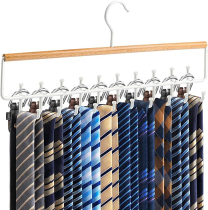 Tie Rack Hanger for Closet Upgraded 2-in-1 Tie and Belt Hanger Non Slip Tie Rack with 20 Hooks Tie Hanger Space Saving Wooden Belt Tie Organizer for Tank Tops Bras Cami Scarves, Wooden