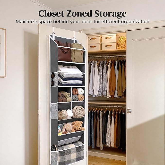 6-in-1 Over Door Hanging Organizer, Versatile Storage Over Door Organizer with 12 Mesh Pockets, 44 lbs Weight Capacity Hanging Storage Organizer for Bedroom, Bathroom,Behind Door,Deep Gray