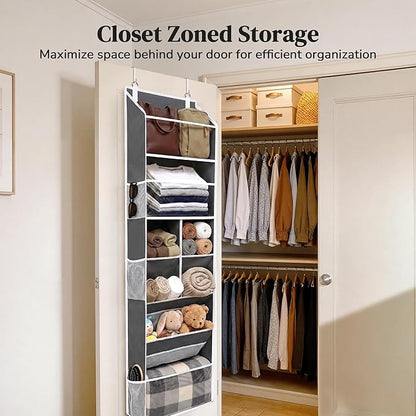 6-in-1 Over Door Hanging Organizer, Versatile Storage Over Door Organizer with 12 Mesh Pockets, 44 lbs Weight Capacity Hanging Storage Organizer for Bedroom, Bathroom,Behind Door,Deep Gray