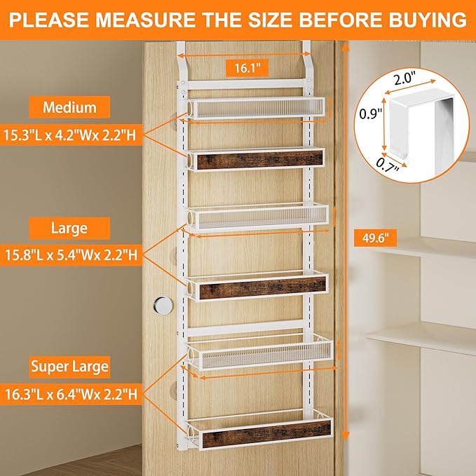 6 Tier Pantry Door Organizer Spice Rack, 2-IN-1 Wall Mount or Hanging Over Door Seasoning Organizer with Adjustable Baskets, Heavy Duty Behind Door Storage Shelves for Pantry, Cabinet and Kitchen