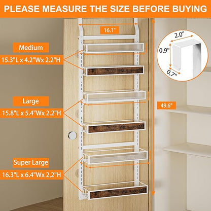 6 Tier Pantry Door Organizer Spice Rack, 2-IN-1 Wall Mount or Hanging Over Door Seasoning Organizer with Adjustable Baskets, Heavy Duty Behind Door Storage Shelves for Pantry, Cabinet and Kitchen