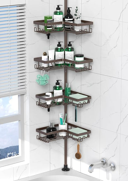 DAOYA Corner Shower Caddy Tension Pole - Adjustable 4-Tier Shower Shelf Stainless Steel Corner Tension Rod Bathroom Organizer Shampoo Holder with Soap Holders & Hooks for Bath, Tub, Floor Space Saving