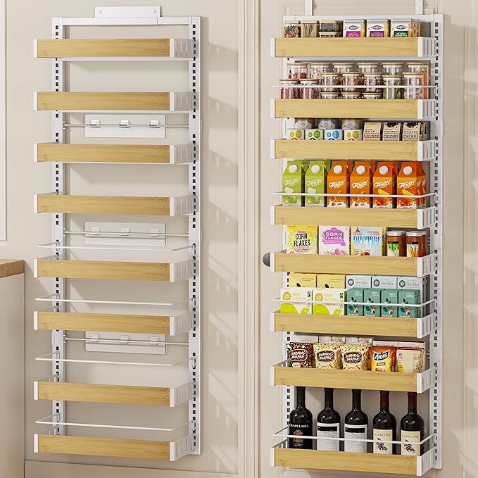 POKIPO 8 Tier Over The Door Pantry Organizer, 2 IN 1 Wall Mount or Hanging Spice Rack Seasoning Shelves with Adjustable Basket, Back of Door Organizer and Storage for Kitchen Cabinet and Room Closet