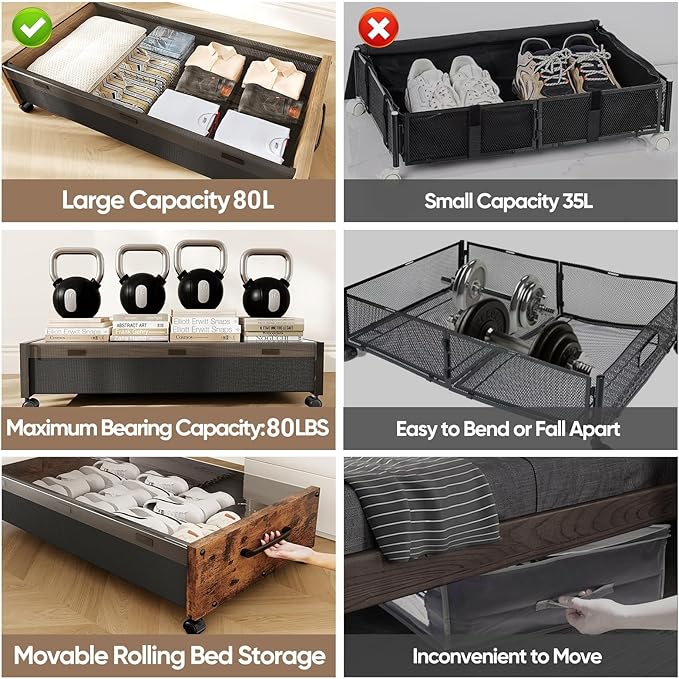Under Bed Storage with Wheels, 2 Packs Wooden Storage Containers Extra Large Underbed Shoes Organizer, Rolling Under Bed Storage Drawers with Clear Lid, Heavy Duty for Clothes Toys 36"L (Black)