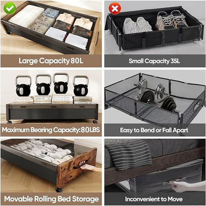 Under Bed Storage with Wheels, 2 Packs Wooden Storage Containers Extra Large Underbed Shoes Organizer, Rolling Under Bed Storage Drawers with Clear Lid, Heavy Duty for Clothes Toys 36"L (Black)