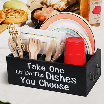 Small Paper Plate Holder Utensil Caddy Organizer for Countertop, Kitchen Silverware Cups, Forks, Spoons, Plates, Napkins, Wood Dispenser Party Picnic