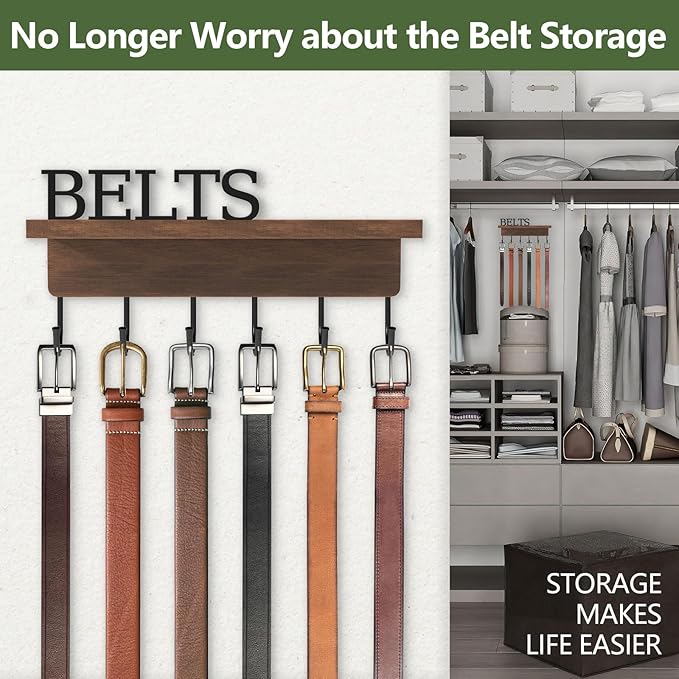 Belt Hanger Organizer for Closet, Wall Mount Belt Rack, Wooden Belt and Tie Organizer for Stores and Displays Mens Accessories (Length 9.8”) Brown