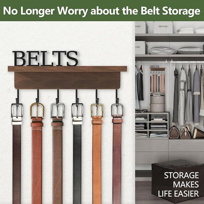 Belt Hanger Organizer for Closet, Wall Mount Belt Rack, Wooden Belt and Tie Organizer for Stores and Displays Mens Accessories (Length 9.8”) Brown