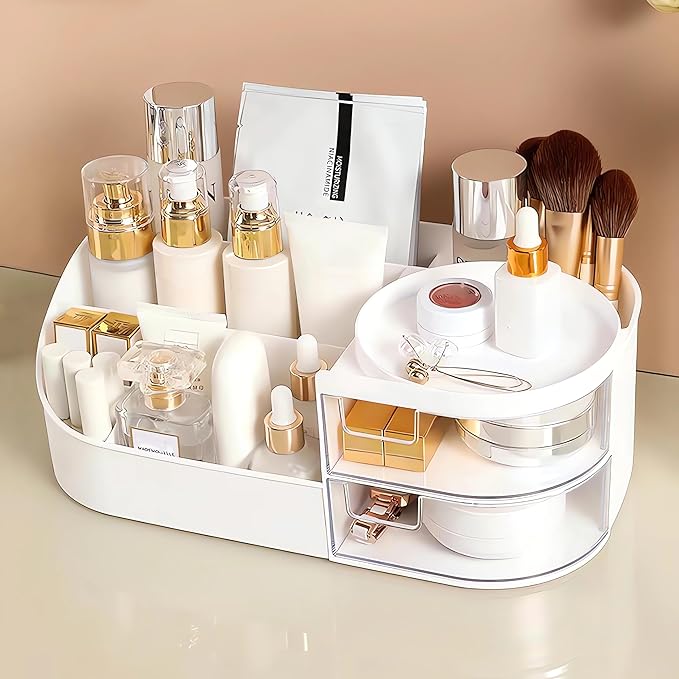 Makeup Storage Organizer with Drawer, Countertop Cosmetic Organizer for Vanity, Multi-purpose Cosmetic Storage Case Organizer for Dressing Table, Bedroom and Bathroom Countertop