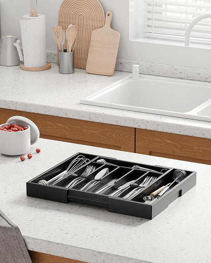 Kitsure Silverware Organizer - Expandable Bamboo Kitchen Drawer Organizer for Cooking Utensils and Cutlery, Sturdy & Thickened Kitchen Organizers and Storage Solution, Large, Black