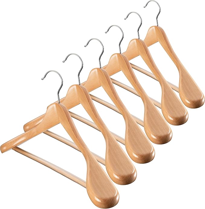 ZOBER 6 Pack High-Grade Wooden Suit Hangers for Men, Wide Shoulder Hangers with Non Slip Pants Bar, Smooth Finish, Holds Upto 20lbs, 360° Swivel Hook, Jacket Hanger, Heavy Duty Wide Hanger for Closet