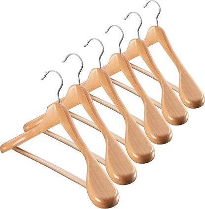ZOBER 6 Pack High-Grade Wooden Suit Hangers for Men, Wide Shoulder Hangers with Non Slip Pants Bar, Smooth Finish, Holds Upto 20lbs, 360° Swivel Hook, Jacket Hanger, Heavy Duty Wide Hanger for Closet