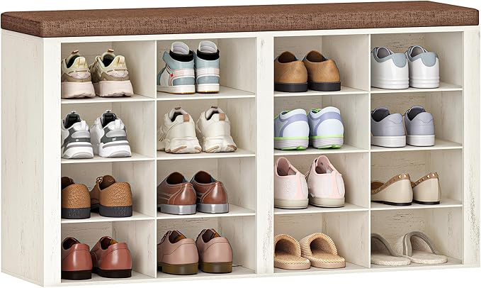 Hzuaneri Shoe Bench with Cushion, Entryway Storage Bench with 16 Cubbies, Cubby Shoe Rack with Adjustable Shelves, Shoe Organizer Cabinet for Living Room, Bedroom, Entryway, Rustic White SB25614KA
