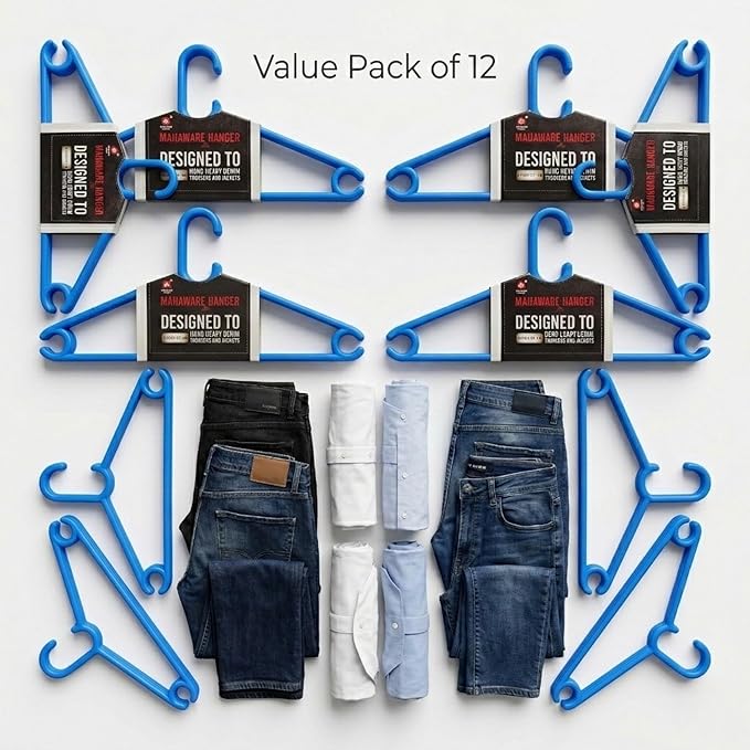 Polypropylene Clothes Hanger Pack of 12 | Heavy Duty, Slim Space Saving Hangers for Wardrobe & Closet Organization | Durable Plastic Hangers for Dresses, Shirts & Coats, Blue