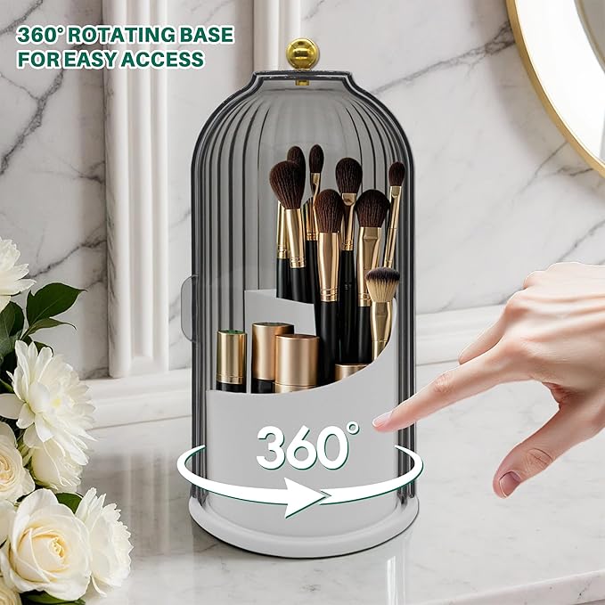 Makeup Brush Holder with Lid Cosmetic Tools Organizer 360 Rotating Waterproof Dustproof Make Up Brushes Storage for Vanity Bathroom Countertop