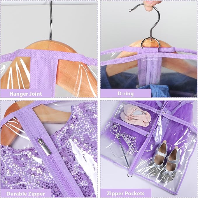 Clear Garment Bags for Dance Costumes, 40” Dance Garment Bags for Dancers, Kids Garment Bag for Dance Competitions with 3 Zipper Pockets, Garment Bags for Hanging Clothes, 6 Pack, Purple