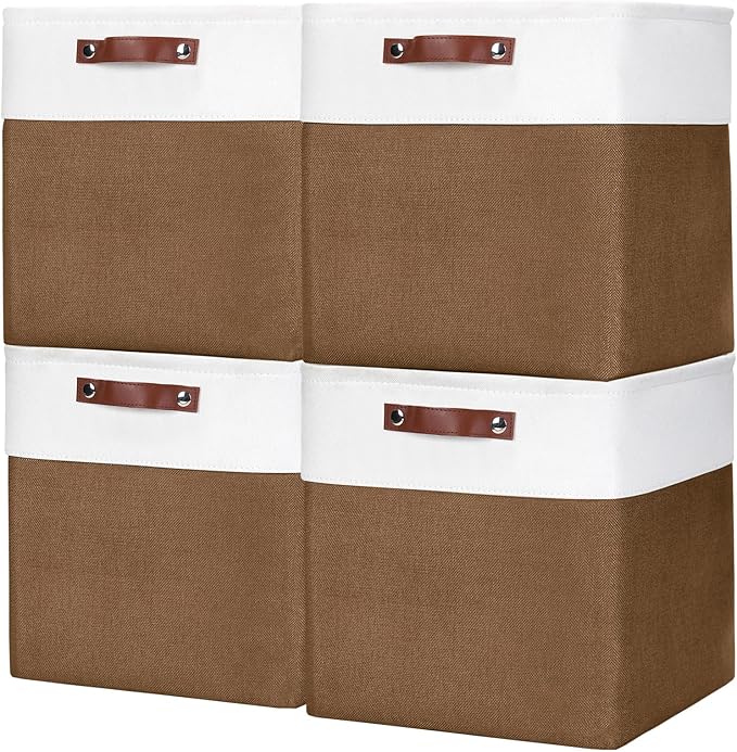 Bagnizer 13x13 Cube Storage Bins, Collapsible Fabric Storage Box, 4 Pack Closet Baskets with Handles for Organizing, Shelf, Toys, Clothes, Home, Office, Nursery (Brown&White)