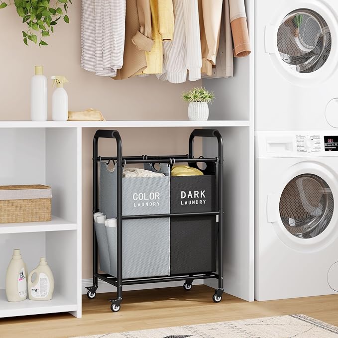Tajsoon 2 Bag Laundry Sorter Cart, Laundry Hamper Sorter Basket with Heavy Duty Lockable Rolling Wheels for Clothes Storage, Black & Grey