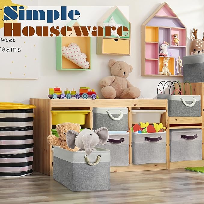 Simple Houseware 15" x 11" Large Fabric Storage Bin for Closet and Shelves, Leather Like Handles, 3 Pack, Gray