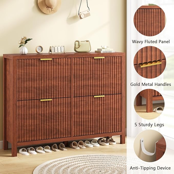 YOMILUVE Shoe Cabinet Storage for Entryway, Fluted Walnut Shoe Cabinet with 4 Flip Drawers, Hidden Shoe Rack Freestanding Wooden Shoe Organizer with Legs for Hallway
