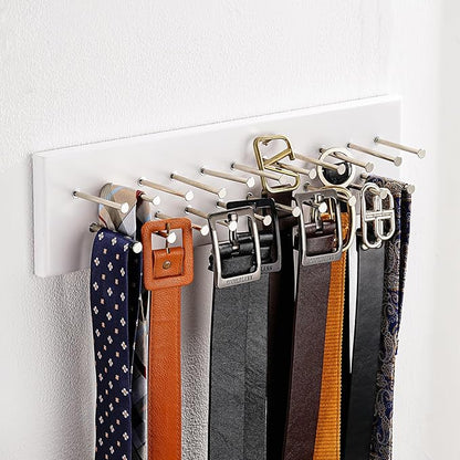 TreeHouse London Tie Rack Organizer – Holds 40 Large Ties – Solid Wood & Sturdy Metal Storage Holder for Closet – Wall Mounted Tie Display Hanger for Wall, Bedroom (White) 16''L x 4.25''H