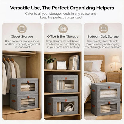 6-Pack Large Storage Bins with Lids,Stackable&Collapsible Closet Storage Bins,Oxford Fabric Organizer Box with Clear Window,Large Decorative Storage Boxes for Closet,Dorm16.5"x11.8"x11"