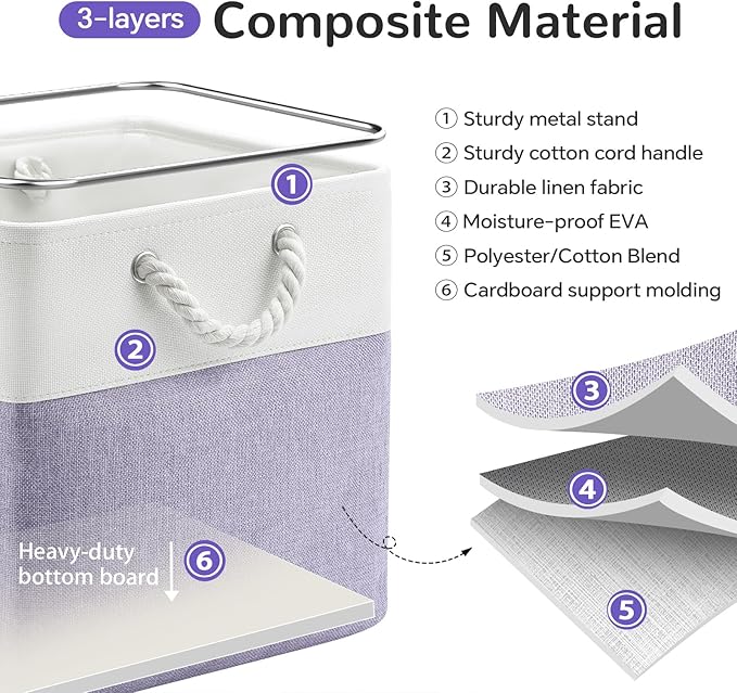 13 x 13 Inch Cube Storage Bins, 6 Pack Fabric Storage Basket with Handles, Foldable Boxes Organizer for Shelf Baskets for Home, Clothes (White/Purple)