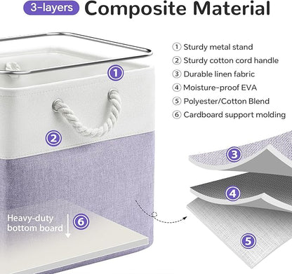 13 x 13 Inch Cube Storage Bins, 6 Pack Fabric Storage Basket with Handles, Foldable Boxes Organizer for Shelf Baskets for Home, Clothes (White/Purple)